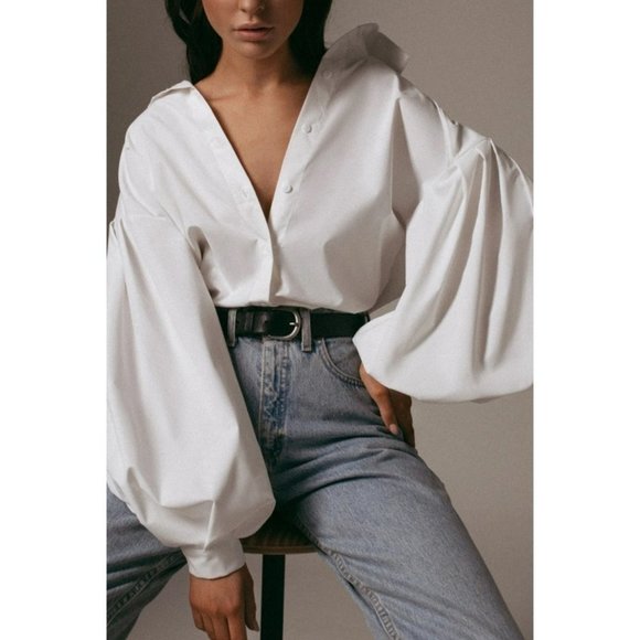 Solid Color Lapel Puff Sleeve Blouses - Picture 5 of 7